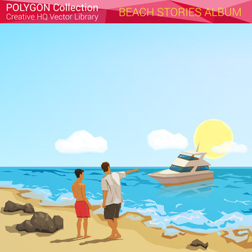 Polygonal style beach people concept. Vacation design elements.