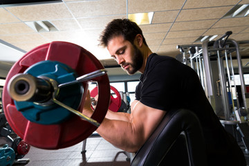 biceps preacher bench arm curl workout man at gym