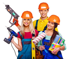 Group people builder  with construction tools.