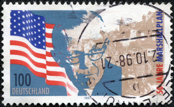 stamp dedicated to 50th anniversary of the Marshall Plan