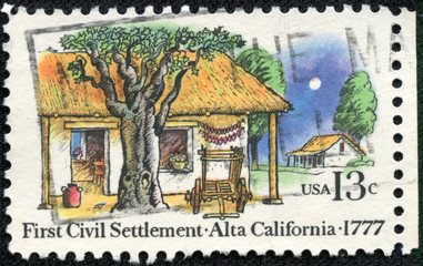 stamp printed in USA shows the Farm Houses