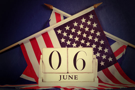 Retro vintage style D-Day calendar and USA and British flags