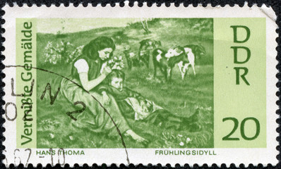 stamp printed by Germany, shows Spring Idyl, by Hans Thoma