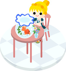 桃色のテーブルに座って金魚鉢を眺める少女。
