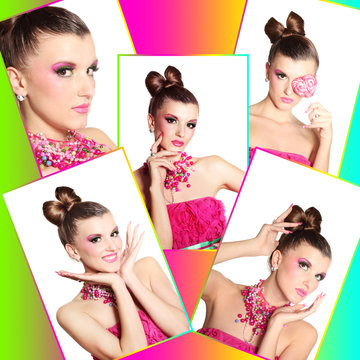 Collage of photos with glamour girl