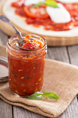 Pizza sauce in a jar selective focus