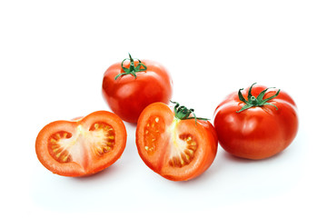 Fresh red Tomato and half slices on white background