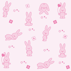 Baby pink background. Funny rabbit