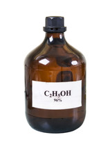 Laboratory large bottle with an alcohol formula.