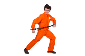 Young inmate with chains isolated on the white