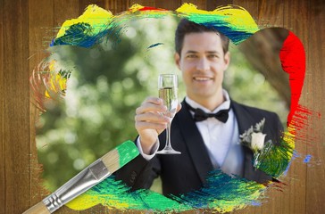 Composite image of groom toasting with champagne