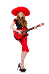 Woman guitar player with sombrero on white