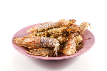 Fried Mantis shrimp with garlic and pepper  isolate on white bac