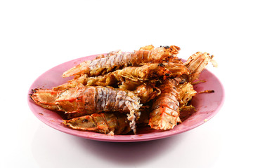 Fried Mantis shrimp with garlic and pepper  isolate on white bac