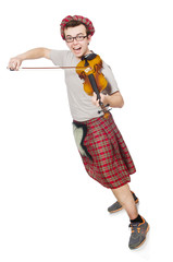 Funny scotsman with violin on white