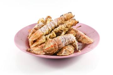 Fried Mantis shrimp with garlic and pepper  isolate on white bac