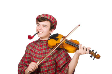 Funny scotsman with violin on white