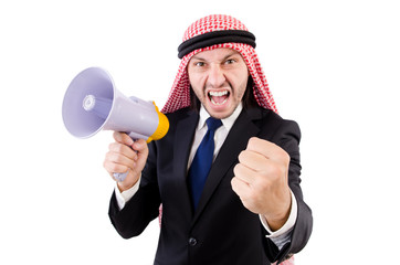 Arab yelling with loudspeaker isolated on white