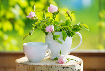 Tea crockery with blooming wild rose flowers