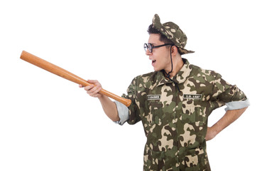 Soldier with baseball bat isolated on white