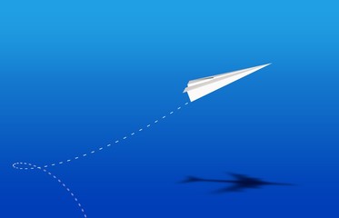 paper plane take off with airliner shade bleu