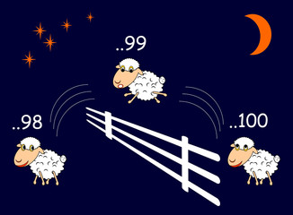 Naklejka premium Funny cartoon sheep jumping through the fence