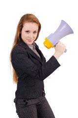 Woman with loudspeaker isolated on the white