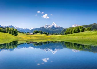 Küchenrückwand glas motiv Berge Idyllische Sommerlandschaft mit Bergsee und Alpen