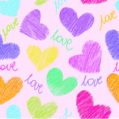 Colorful Scribbled hearts and love seamless pattern