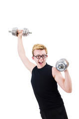 Man with dumbbells isolated on white