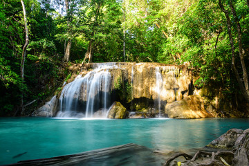 Fototapeta na wymiar Waterfall beautiful (erawan waterfall) in kanchanaburi province 