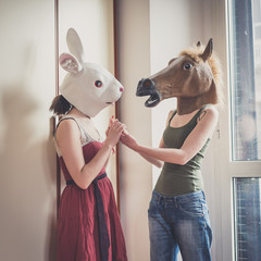 mask rabbit and horse mask lesbian couple