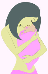 Young mother hugging and kissing her baby. Motherhood icon