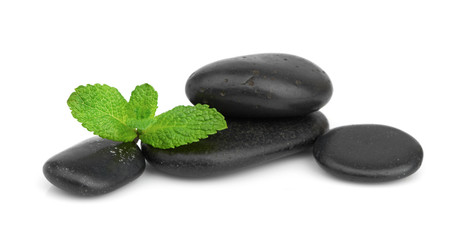 Fresh mint on the black stones with drops