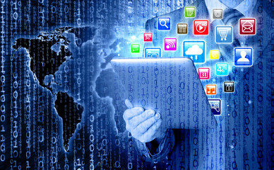 Business man use tablet pc with colorful application icons