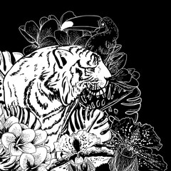 Tropical Exotic Floral Background with Tiger