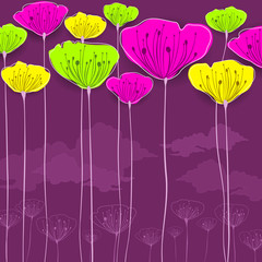 Stylized colorful flowers card, vector illustration