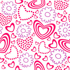 Cute pink hearts flowers and dots seamless pattern
