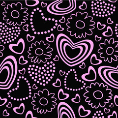 Cute pink black hearts flowers and dots seamless pattern