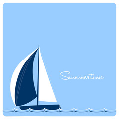 summer card, sailing yacht race on blue background