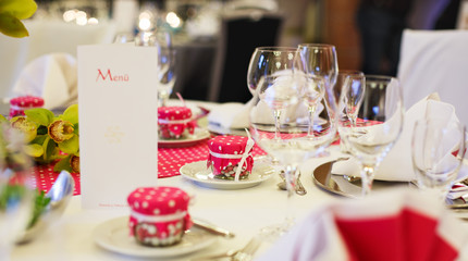 Elegant table set  for wedding or event party in pink with dots.