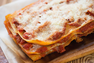 Lasagna bolognese, close-up, horizontal shot