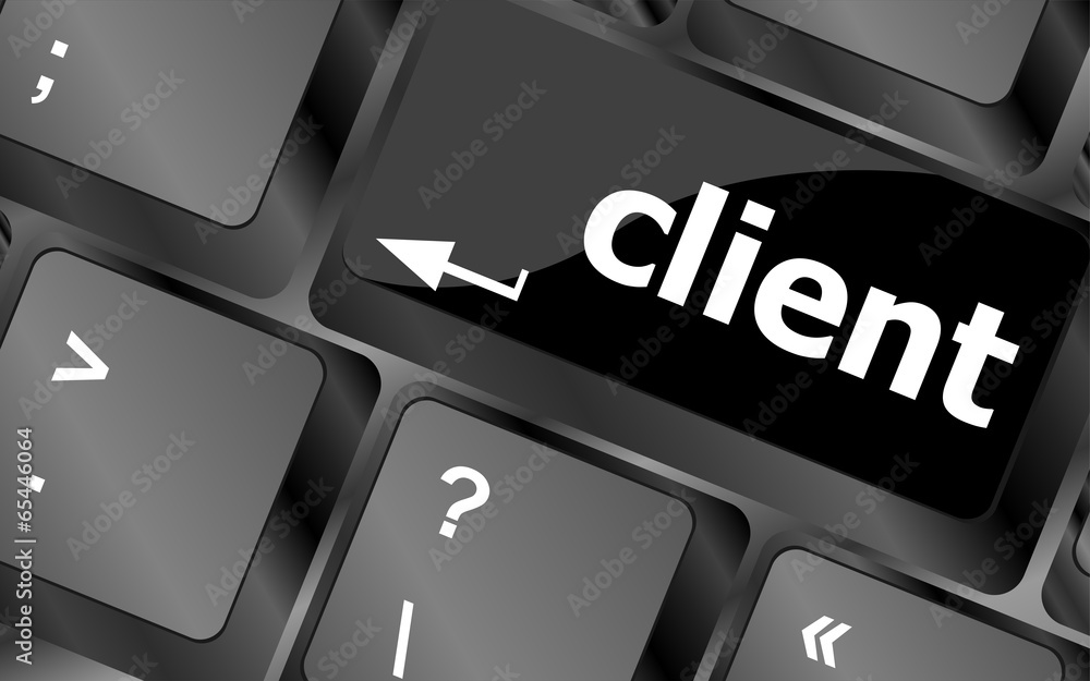 Poster customers service. button on computer keyboard with word clients