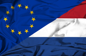 Waving flag of Netherlands and EU