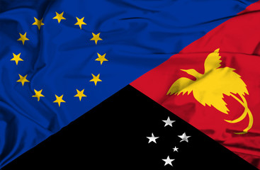 Waving flag of Papua New Guinea and EU