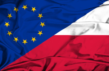 Waving flag of Poland and EU