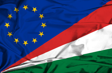 Waving flag of Seychelles and EU