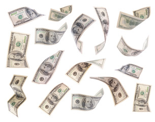 Flying dollars banknotes isolated on white