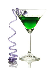 Glass of cocktail and streamer after party isolated on white