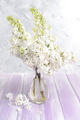 Beautiful lilac flowers in vase on table on light background